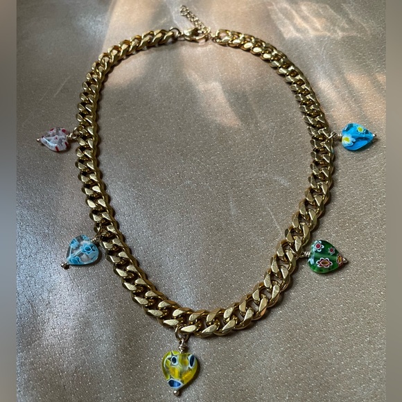 Hand Crafted Jewelry - Heart 💛 Millefiori glass choker on 18k gold plated curb chain green blue yellow